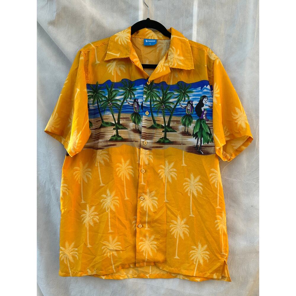Vintage Onshore Hawaiian Shirt – Yellow Hula Dancers and Palm Trees – Size L